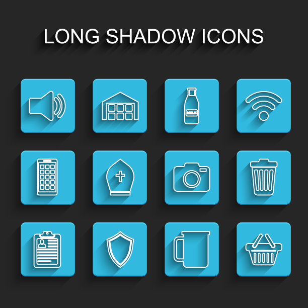 设置线剪贴板与简历，盾牌，扬声器音量，咖啡杯，购物篮，教皇帽，垃圾桶和照片相机图标。向量图片下载