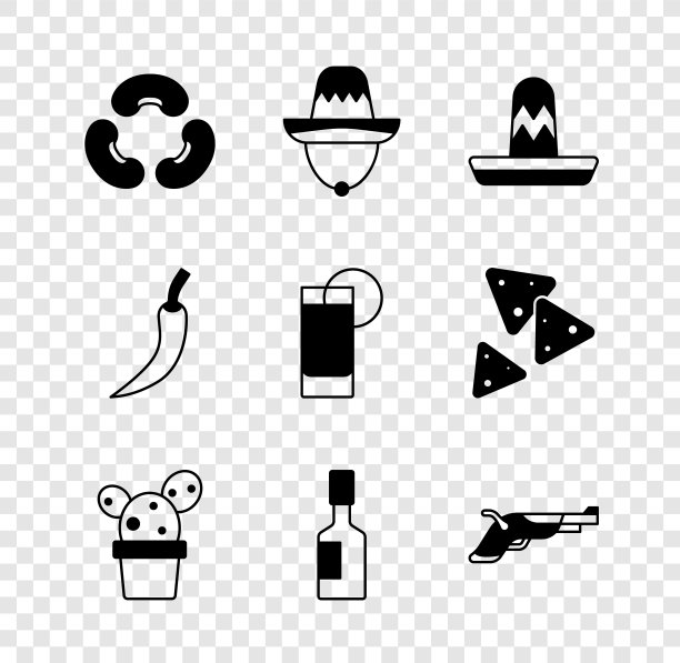 集豆子，墨西哥草帽，仙人掌或多汁锅，塔巴斯科沙司，古董手枪，辣椒辣椒荚和龙舌兰杯与柠檬图标。向量图片下载