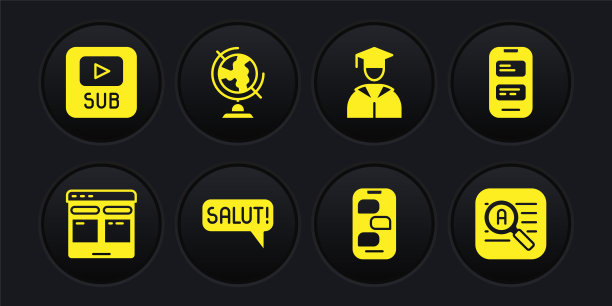 设置在线翻译，Salut不同的语言，新的聊天消息通知，毕业生和毕业帽，地球地球仪，翻译和视频字幕图标。向量图片下载