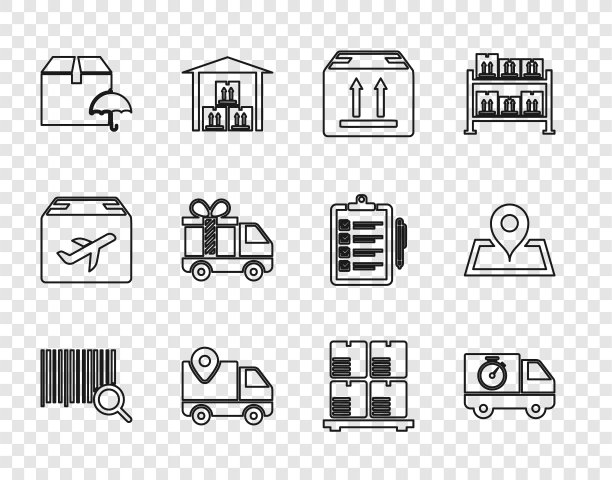 设置行搜索条形码，送货卡车和秒表，纸板盒与交通，跟踪，包裹伞，礼品，托盘上的盒子和占位符地图图标。向量图片下载