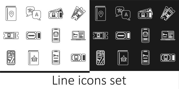 设置线路公交车票，在线酒店预订，火车，车票，封面旅游指南，汽车共享和翻译图标。向量图片下载