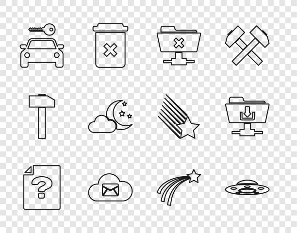 设置行未知文件，UFO飞行飞船，FTP取消操作，云邮件服务器，汽车租赁，有月亮和星星，下降和文件夹下载图标。向量图片下载