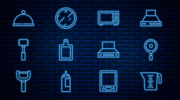 设置线量杯，煎锅，微波炉，切菜板，厨房锤子，覆盖托盘，提取风扇和图标。向量图片下载