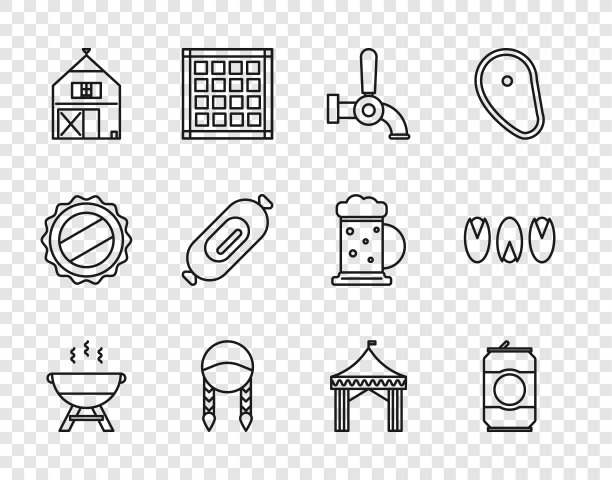 设置线烧烤烧烤，啤酒罐，水龙头，编织，农场房子，萨拉米香肠，野营帐篷和开心果图标。向量图片下载