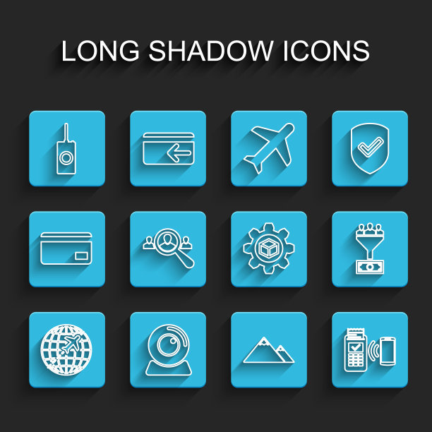 设置有飞行飞机，网络摄像头，远程控制，山脉，POS终端，搜索人的放大镜，领导管理和产品开发图标。向量图片下载