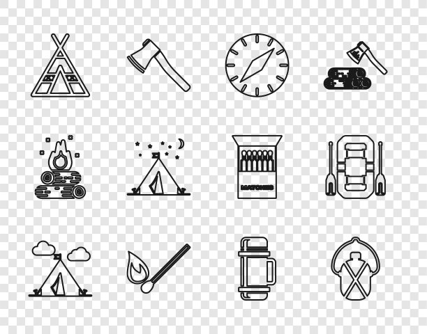 集旅游帐篷旗帜、水壶水壶、指南针、燃烧火柴、热水瓶、漂流船图标于一体。向量图片下载
