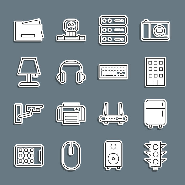 设置线路交通灯，冰箱，房子，服务器，数据，网络主机，耳机，台灯，打印机和键盘图标。向量图片下载