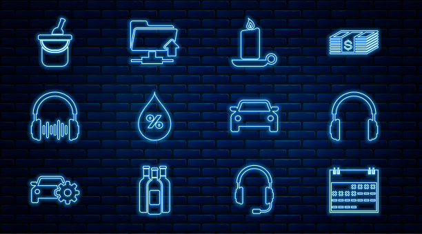 设置行日历，耳机，蜡烛在烛台上燃烧，水滴百分比，声波，酒瓶酒桶，汽车和FTP文件夹上传图标。向量图片下载