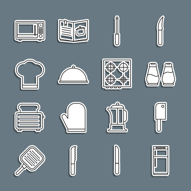 设置线冰箱，肉菜刀，盐和胡椒，磨刀器，覆盖托盘，厨师帽，微波炉和煤气灶图标。向量图片下载