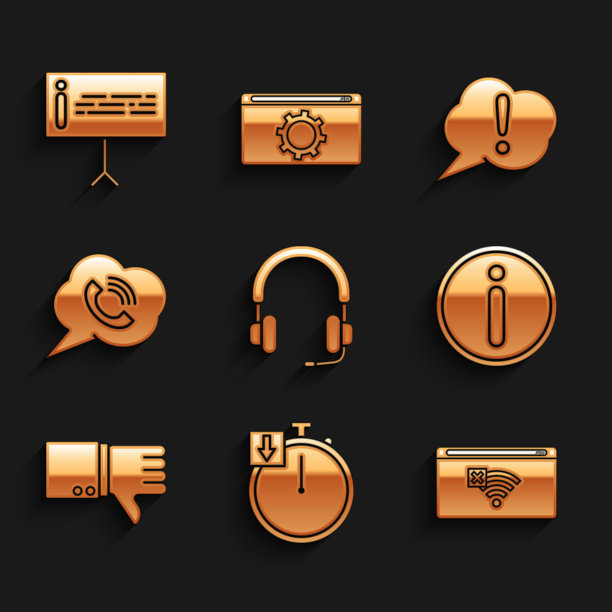 设置耳机，秒表，没有互联网连接，信息，不喜欢，语音气泡与呼叫，感叹号和图标。向量图片下载