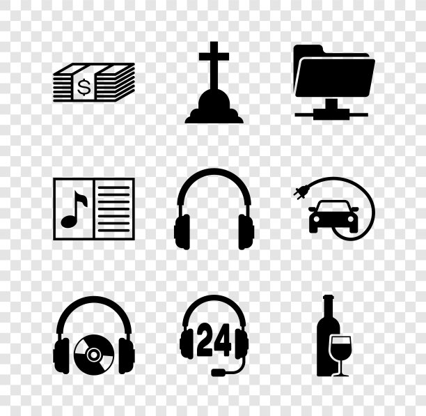 设置纸币现金，墓碑十字，FTP文件夹，耳机和CD或DVD，支持和酒瓶玻璃图标。向量图片下载