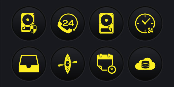 设置社交媒体收件箱，时钟24小时，Kayak和桨，日历时钟，硬盘驱动器HDD和电话支持图标。向量图片下载