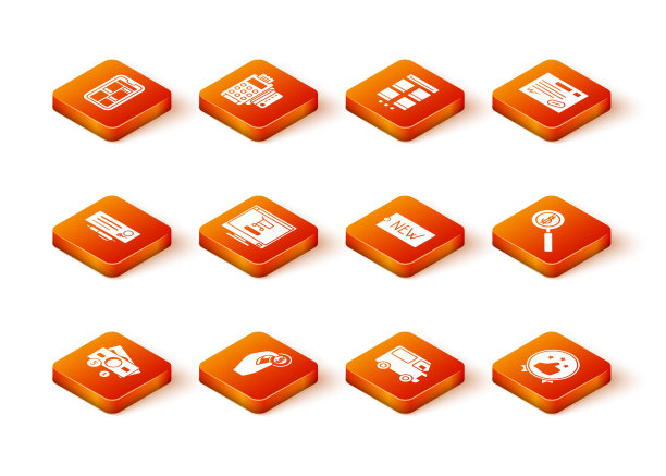 Set Stacks纸钱现金，银行支票笔，购物车电脑，送货卡车车辆，价格标签与文本新的，消费者或客户的产品评级和放大镜美元图标。向量图片下载