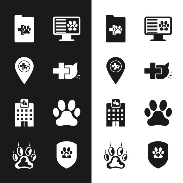 设置兽医诊所，定位兽医，临床记录宠物，监视器，医药医院和爪印图标。向量图片下载