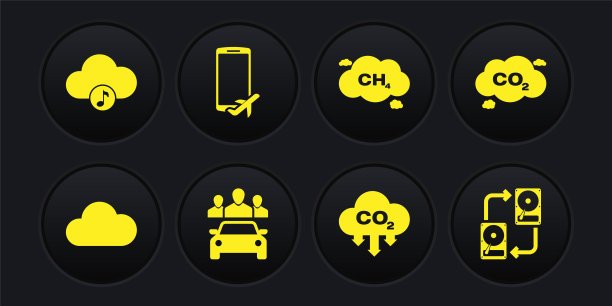 设置音乐流媒体服务，二氧化碳排放云，汽车共享，甲烷减少和飞行模式的移动图标。向量图片下载