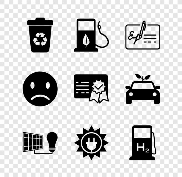 设置可回收的回收站、生物燃料加油喷嘴、签名文件、太阳能面板和灯泡、氢气加气站、悲伤微笑和证书模板图标。向量图片下载