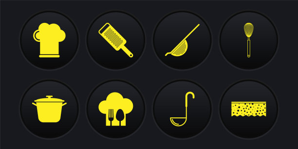 设置烹饪锅，厨房打蛋器，厨师帽，叉子和勺子，勺子，滤器，磨砂器，海绵泡沫和图标。向量图片下载