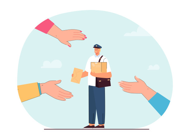 邮差，盒子和信封在中间，被手包围着图片下载