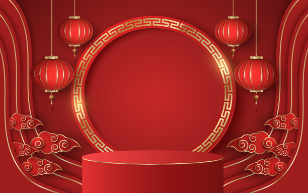 切合实际的春节讲台，展示您的产品。华贵的红色和金色的花，灯笼和云彩。模型表示。装饰框架与亚洲黄金图案图片下载