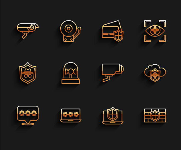 设置线路密码保护、带密码的笔记本电脑、安全摄像头、防护盾、防护砖墙、闪光警报器、云和图标。向量图片下载