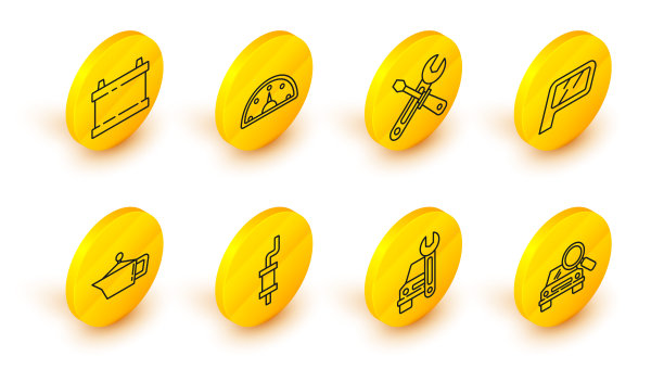 设置线汽车搜索，服务，消声器，汽油罐电机机油，镜子，螺丝刀和扳手工具，速度计和电池图标。向量图片下载