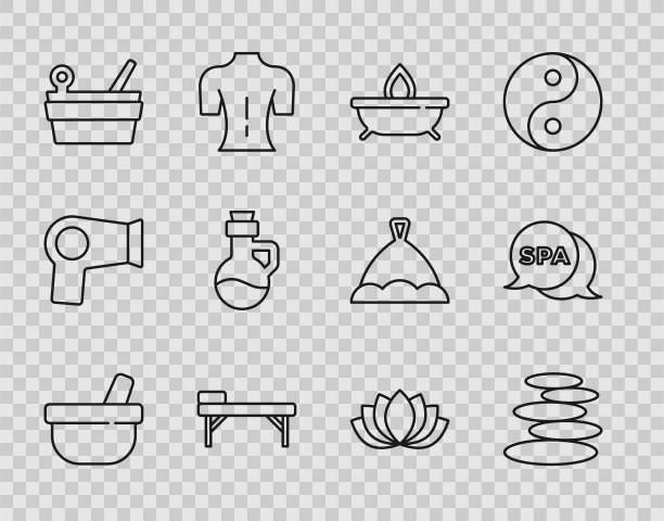 集研钵杵、堆热石、香薰蜡烛、按摩台、桑拿桶勺、精油瓶、莲花、Spa沙龙图标于一体。向量图片下载