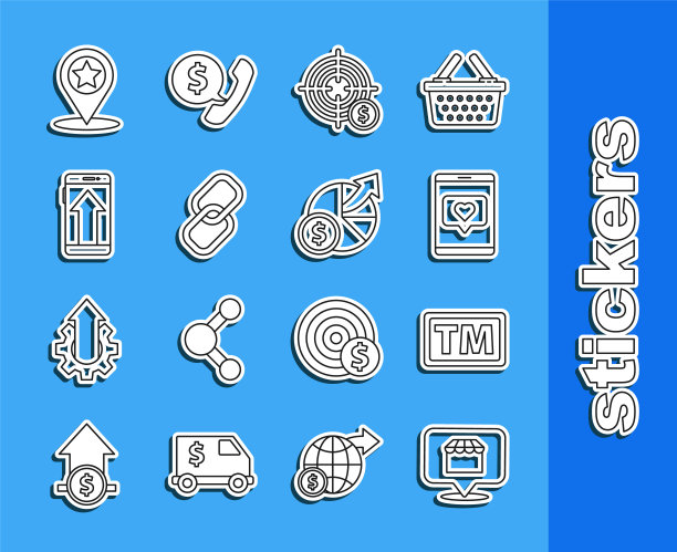 设置线上购物概念，商标，手机和喜欢的心，目标美元符号，链链接，智能手机，手机，地图指针星形和金钱图图形图标。向量图片下载