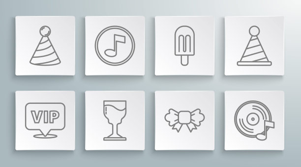 设置线路位置Vip，音乐笔记，音调，酒杯，蝴蝶结，唱片，冰淇淋，派对帽和图标。向量图片下载