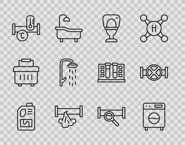 设置排污瓶，洗衣机，抽水马桶，破管，工业金属，淋浴，和阀门图标。向量图片下载