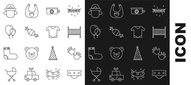 设置线婴儿吸水性尿布，手印，婴儿摇篮床，便盆，糖果，气球带，瓶子和连体衣图标。向量图片下载
