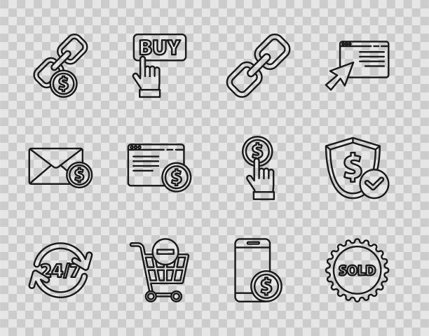 24小时在线时钟，已售出标签，链扣，删除购物车，硬币，在线屏幕，智能手机美元和盾图标。向量图片下载