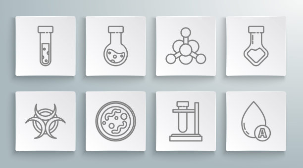 设置线生物危害标志，试管和烧瓶化学，细菌，在立场，水滴，和图标。向量图片下载