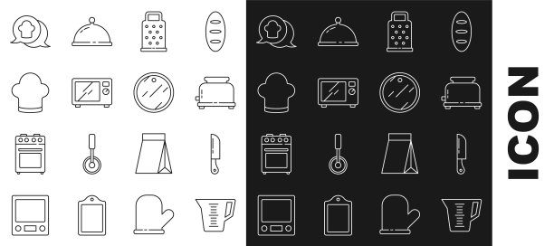 设置线量杯，刀，烤面包机，刨丝器，微波炉，厨师帽，语音气泡和切菜板图标。向量图片下载