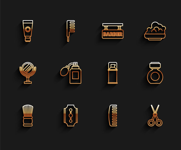 设置线剃须刷，刀片剃须刀，霜乳液化妆品管，发刷，剪刀理发师，须后水瓶子雾化器，和凝胶泡沫图标。向量图片下载
