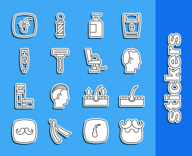 设置线胡子和胡须，人的毛囊，秃顶，一瓶洗发水，剃须剃须刀，理发器，破碎和理发店椅子图标。向量图片下载