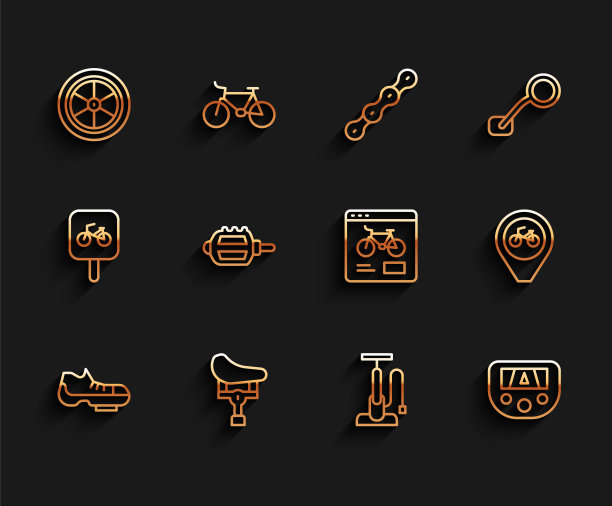 设置线自行车鞋，座位，车轮，气泵，Gps装置与地图，踏板，定位自行车和租赁移动应用程序图标。向量图片下载