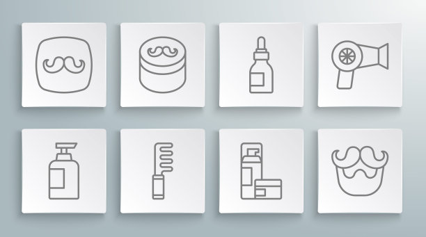 洗发水，发胶或发蜡，发刷，剃须胶泡沫，胡子和胡须，油瓶，烘干机和理发店图标。向量图片下载