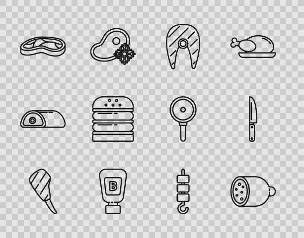 设置线肋眼牛排，萨拉米香肠，鱼，酱瓶，牛排肉，汉堡，烤羊肉串上的烤肉串和刀的图标。向量图片下载