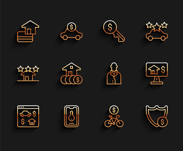 设置在线房地产，信用卡，自行车租赁移动应用程序，盾与美元，房子，房地产图标。向量图片下载