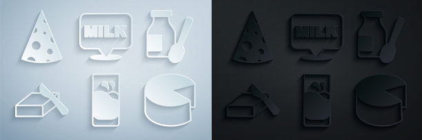 设置杯子与牛奶，喝酸奶在瓶子，黄油黄油盘子，奶酪，字母和图标。向量图片下载