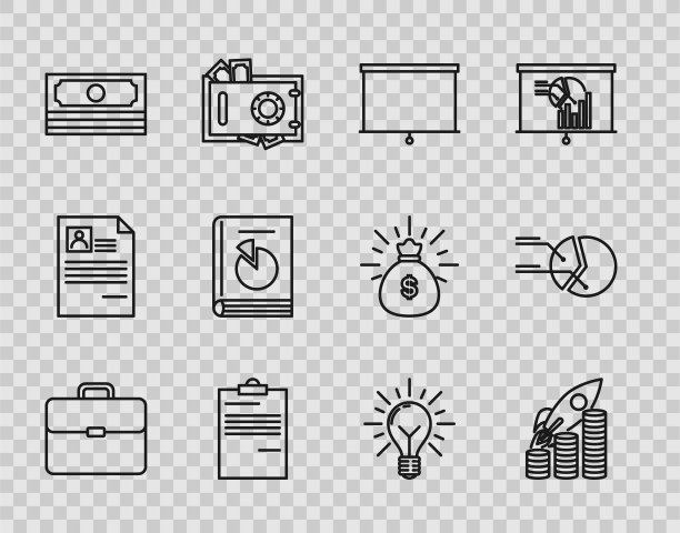 设置线公文包，火箭飞行在硬币增长图表，黑板，文件，叠纸钱现金，用户手册，灯泡与光线闪烁和概念的想法和饼信息图形图标。向量图片下载