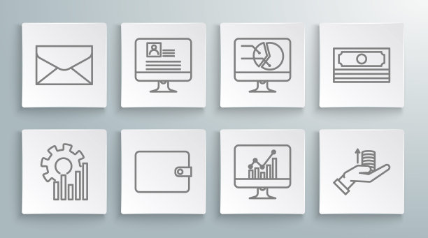 设置线形饼图信息图，电脑显示器与简历，钱包，钱手，叠纸钱现金和信封图标。向量图片下载