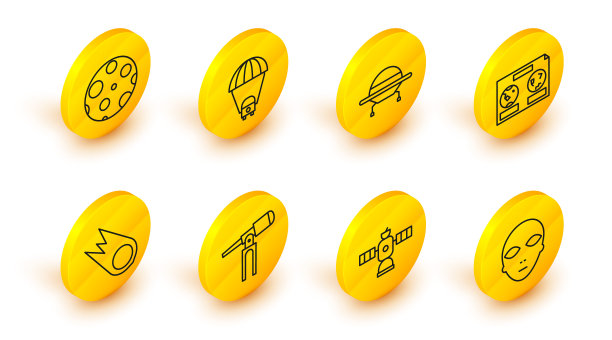 设置直线外星人，卫星，望远镜，彗星快速坠落，夜空天体图，UFO飞行飞船，土星和月亮图标。向量图片下载