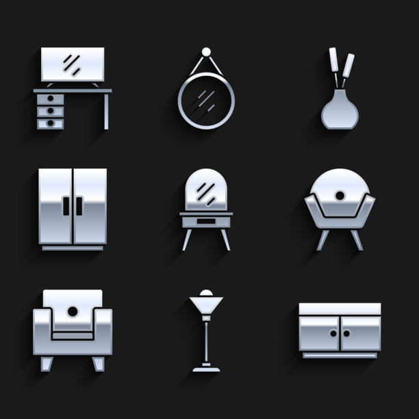 设置梳妆台，落地灯，五斗柜，扶手椅，衣柜，花瓶和电视图标。向量图片下载