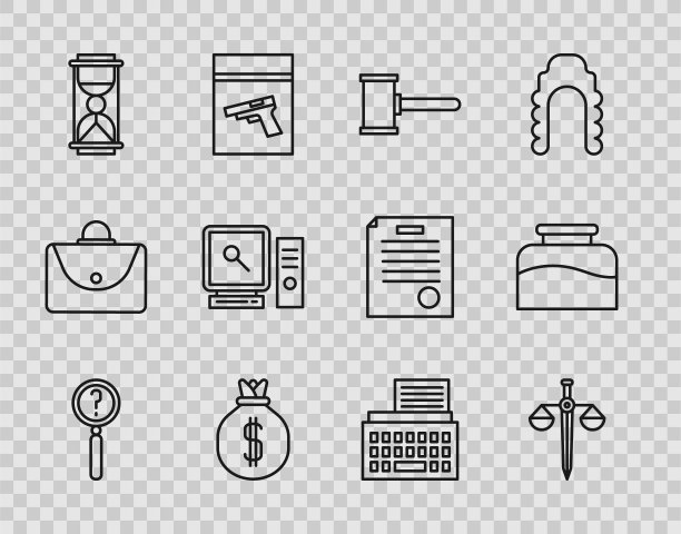 带搜索的放大镜、天平、法官锤、钱袋、沙漏、搜索电脑屏幕、打字机和墨水瓶图标矢量素材图片下载