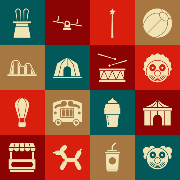 设置小丑头，马戏团帐篷，魔术棒，过山车，魔术师帽子兔子耳朵和鼓的鼓棒图标。向量图片下载