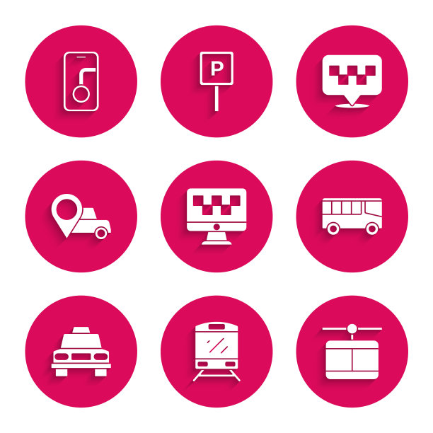设置电脑呼叫出租车服务，火车，缆车，巴士，出租车，位置，和城市地图导航图标。向量图片下载
