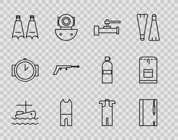 设置线渔船上的水，水下笔记本和铅笔，工业金属管道阀门，潜水服，橡胶鳍游泳，鱼叉，背包图标。向量图片下载