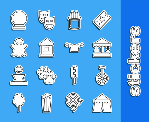 设置线马戏团帐篷，独轮车或单轮自行车，吸引力旋转木马，魔术师的帽子和兔子耳朵，售票处，幽灵，球和小丑与铃铛图标。向量图片下载