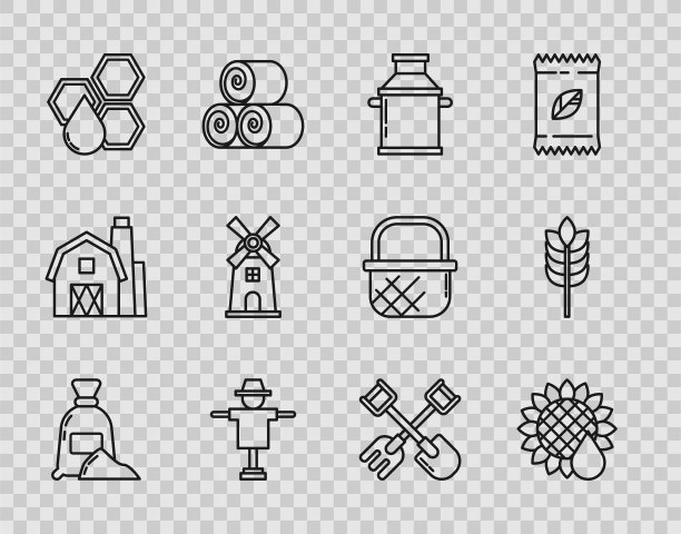 集面粉袋、向日葵、牛奶罐、稻草人、蜂房、风车、铲耙、大米、小麦、玉米、燕麦、黑麦等谷类为一体。向量图片下载